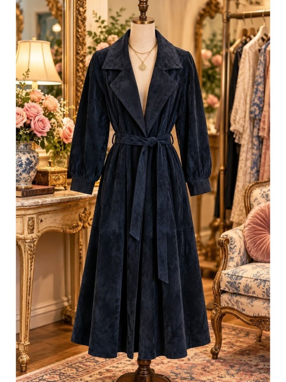 Vtg M 80s Fantasia Midnight Blue Black Suede Leather Trench Coat Long Belted